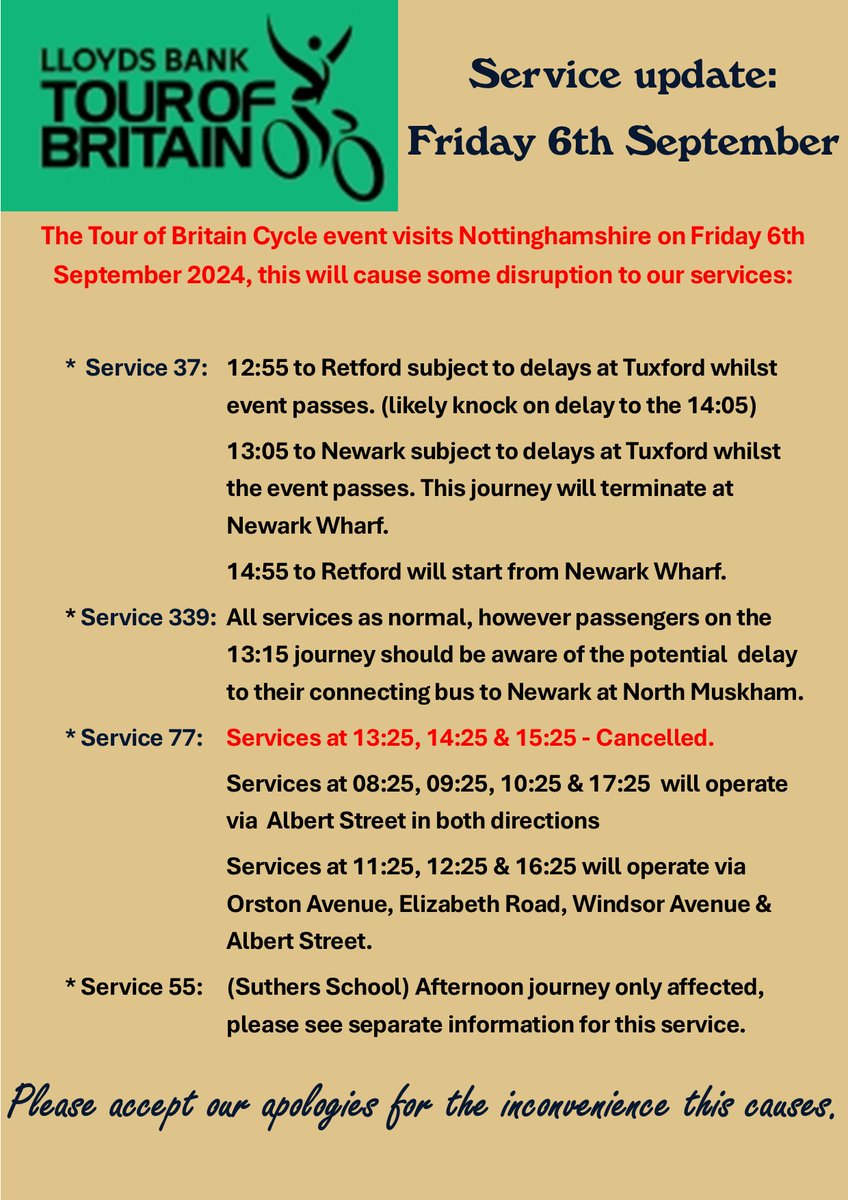 Information regarding the Tour of Britain Cycle Event visiting Newark on Friday next week!