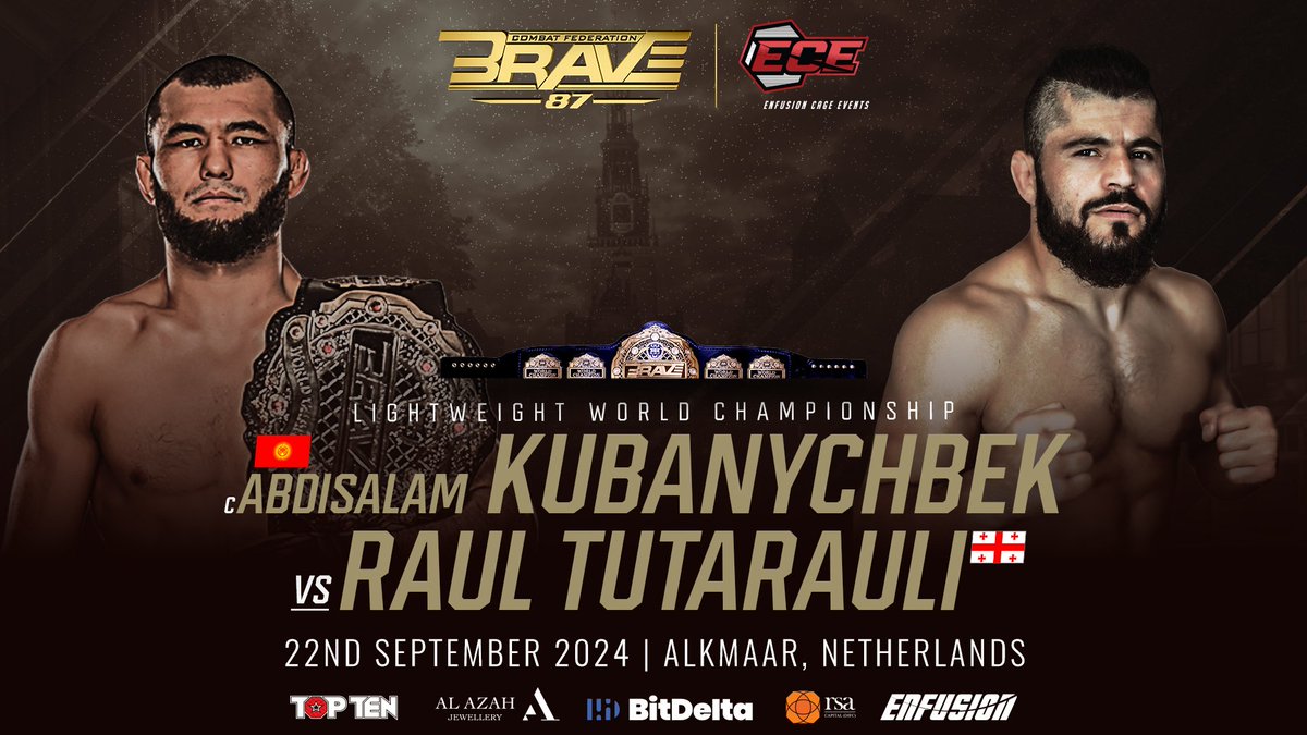bravemmaf's tweet photo. Lightweight Gold on the line in Alkmaar 🏆

Abdisalam Kubanychbek is set to defend his title against 2-division European Champion Raul Tutarauli in the main event of #BRAVECF87 x #ECEMMA 🇳🇱

📍Alkmaar, Netherlands 🇳🇱
📆 September 22, 2024

[#BRAVECF87 #ECE #MMA #BeBRAVE #Alkmaar] https://t.co/0OTnIDdshE