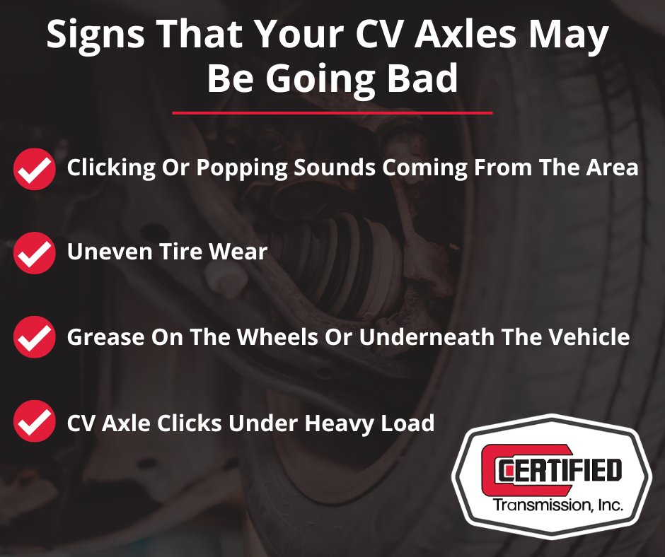 CertTransRepair's tweet photo. CV axles are important components in front-wheel-drive and all-wheel-drive vehicles. 🚗

They transfer power from the transmission to the wheels while allowing flexibility in the suspension system.

Here are some signs that your CV axles may be going bad!

#CertifiedTransmission https://t.co/LhLnfJ0ie1
