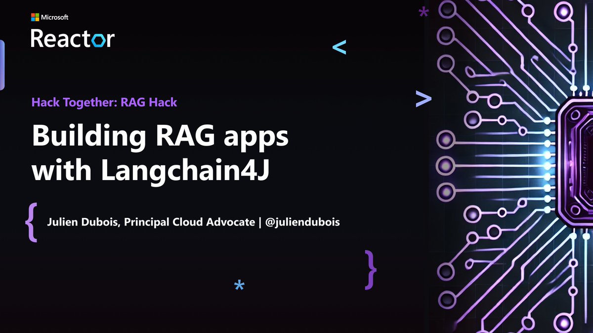 Julien Dubois (@juliendubois) on Twitter photo If you're excited by building RAG applications, join me next week for Microsoft's RAG hackathon!
I'll be showcasing <a href="/langchain4j/">LangChain4j</a> and how you can easily build a RAG app using github.com/jdubois/jduboi…
Register at aka.ms/raghack/langch…
All info at aka.ms/raghack/regist… If you're excited by building RAG applications, join me next week for Microsoft's RAG hackathon!
I'll be showcasing <a href="/langchain4j/">LangChain4j</a> and how you can easily build a RAG app using github.com/jdubois/jduboi…
Register at aka.ms/raghack/langch…
All info at aka.ms/raghack/regist…