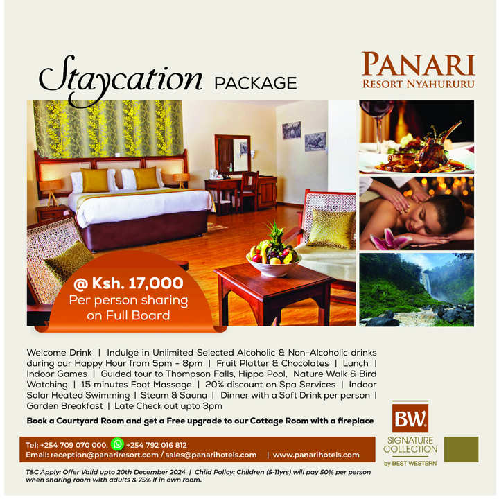 The Panari Group (@thepanarihotel) on Twitter photo Don't miss out! ⏰
Our staycation package at Panari BW Resort is available until December 20th. 🌴 Book your getaway today and enjoy a relaxing escape✨
📞 +254 709 070 000 /+254 792 016 812.
✉️ reception@panariresort.com
✉️sales@panarihotels.com
#PanariBWResort #Staycation Don't miss out! ⏰
Our staycation package at Panari BW Resort is available until December 20th. 🌴 Book your getaway today and enjoy a relaxing escape✨
📞 +254 709 070 000 /+254 792 016 812.
✉️ reception@panariresort.com
✉️sales@panarihotels.com
#PanariBWResort #Staycation