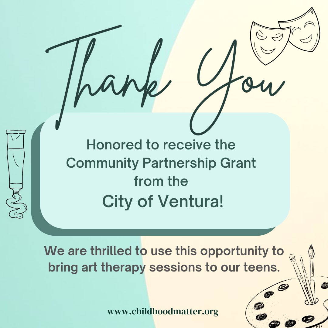We are beyond grateful to the City of Ventura for selecting us as a recipient of the Community Partnership Grant! 

With their support, we will be offering art therapy sessions for teens at the Childhood Matters Wellness Center. 

#ThankYouVentura #ArtTherapy #TeenWellness