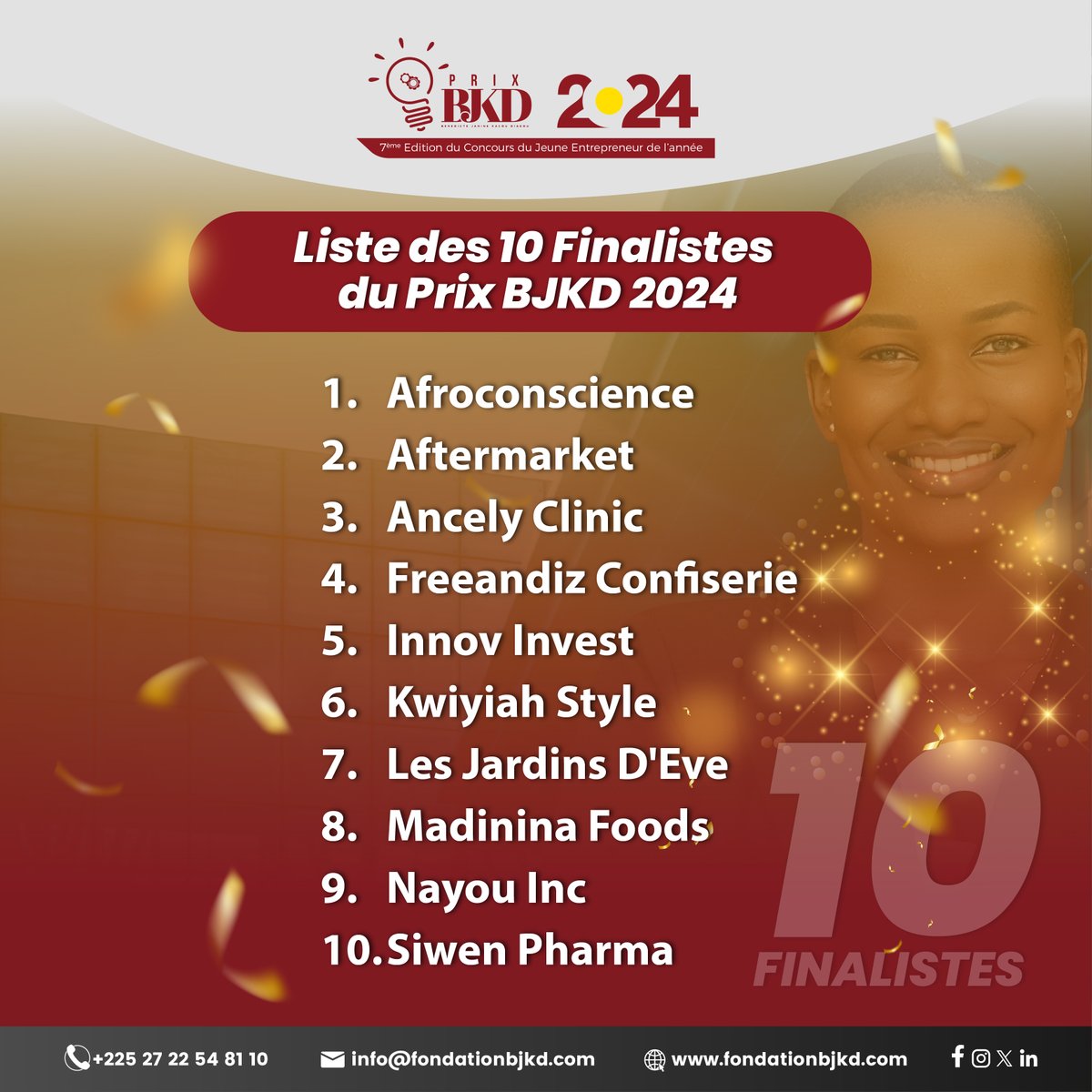 BjkdFondation's tweet photo. [Entrepreneuriat - #PrixBJKD]

Candidat.e.s, approchez !

Félicitations aux 10 finalistes de la 7ème édition du #PrixBJKD .

Rendez-vous le 21 septembre à l’hôtel TIAMA pour découvrir lequel d’entre eux remportera le Grand Prix Janine Diagou d’une valeur de 25 000 000 de FCFA. https://t.co/xmXYLmSffH