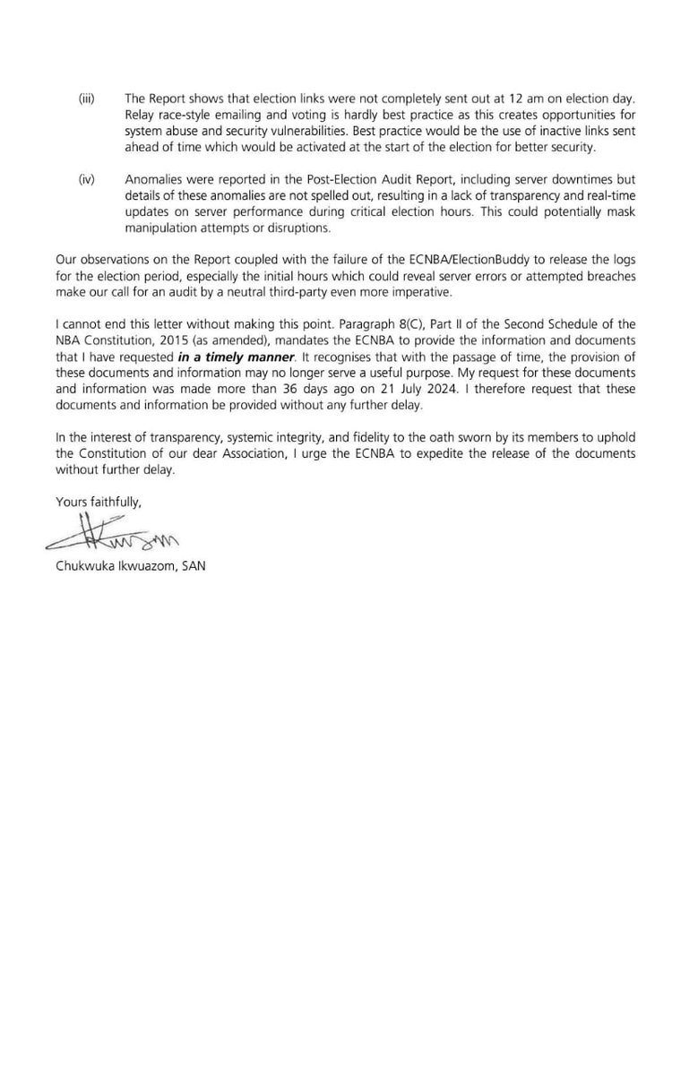 My response to the Electoral Committee of the Nigerian Bar Association (ECNBA)'s refusal to grant secure access to critical information regarding the NBA National Elections, or permit an independent audit of same.