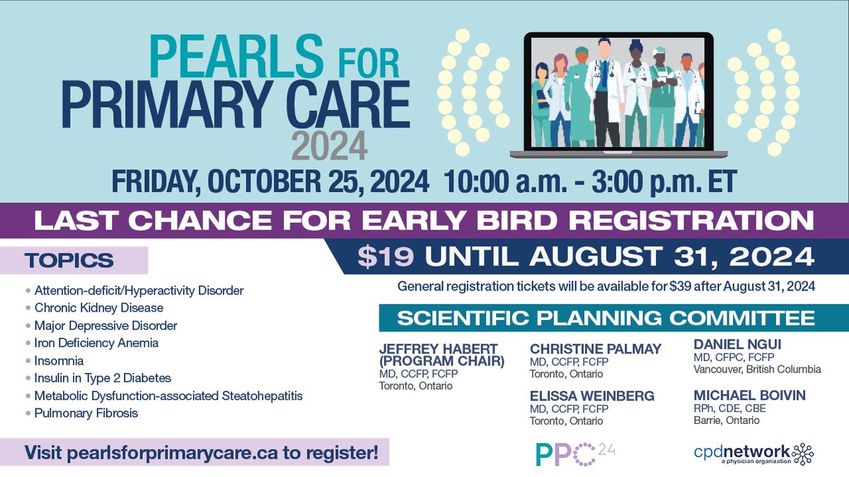 PPCconference's tweet image. 📣Last Call for $19 Early Bird Tickets to Pearls for Primary Care! Join us on October 25th, 2024 with early bird tickets available until August 31st. Visit pearlsforprimarycare.ca to learn more and register #PPC24 #primarycare
