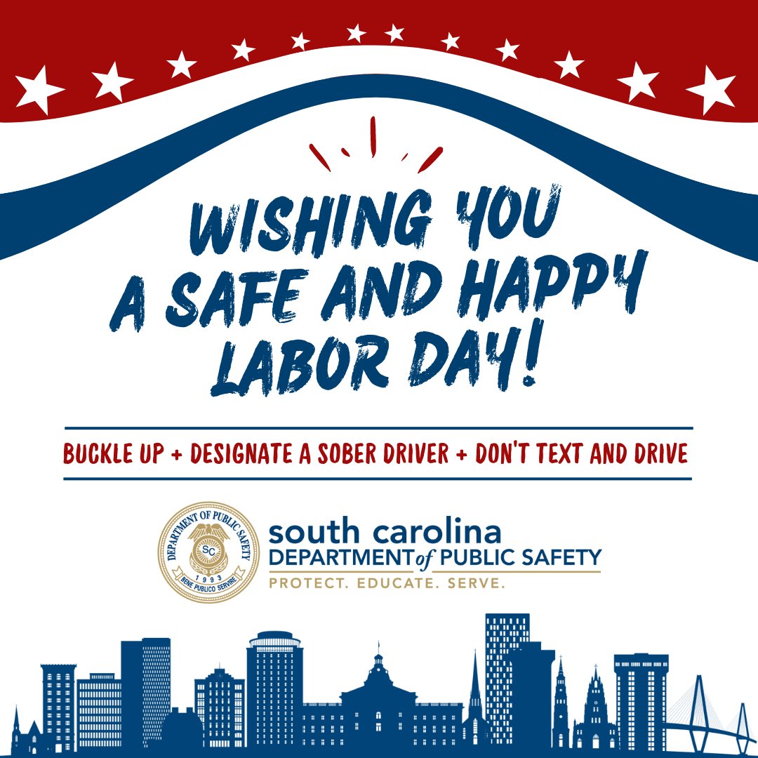 theSCDPS's tweet image. The #LaborDay Weekend marks the end of the 100 Deadly Days of Summer in SC.

As you round out the long weekend, remember #SoberOrSlammer is still in effect, so make safe choices behind the wheel by driving sober, eliminating distractions, and wearing your seatbelt.