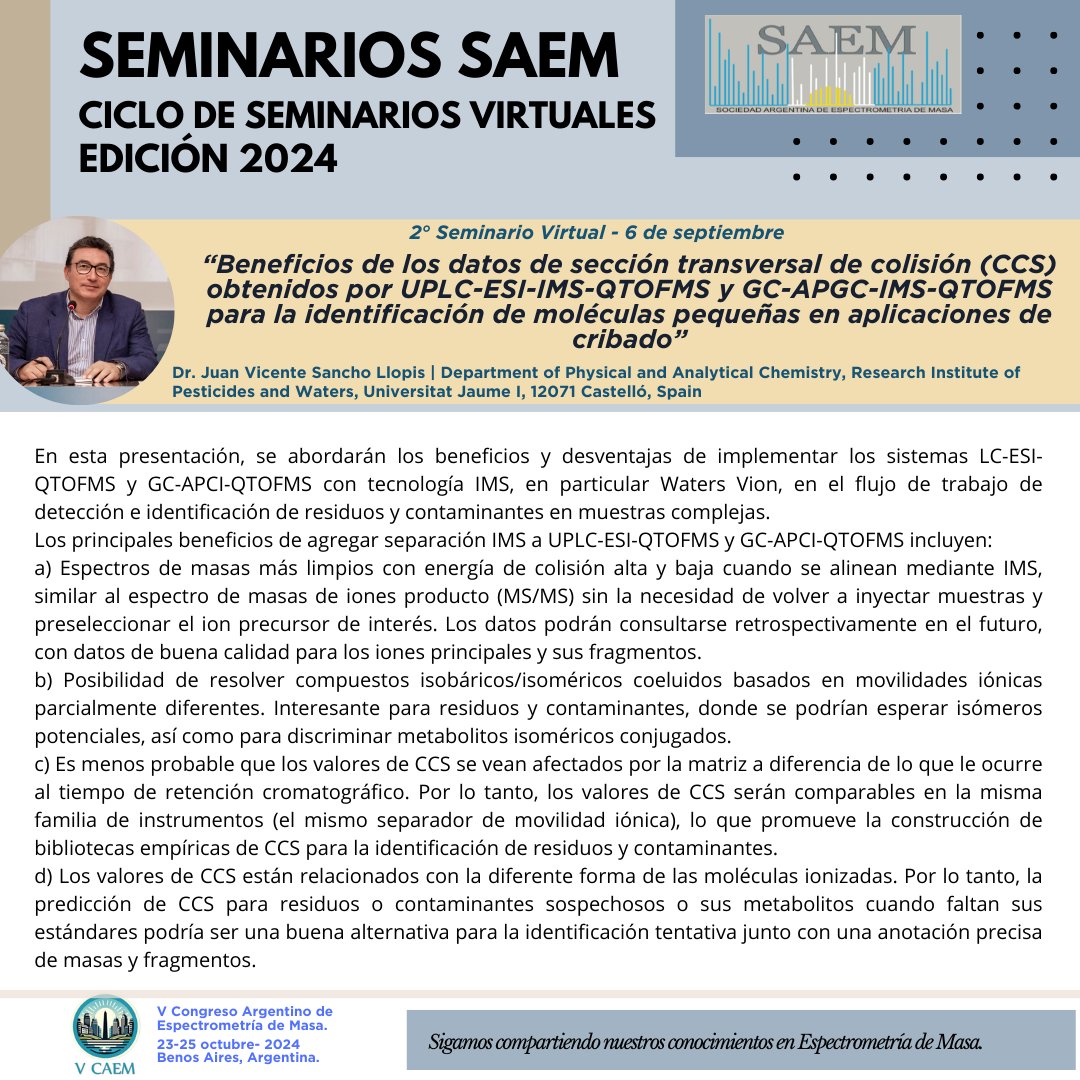 Soledad Cerutti (@solecerutti) on Twitter photo 📢 2º Charla del Ciclo de Seminarios de la Sociedad Argentina de Espectrometría de Masa - Pre-V CAEM a cargo del Prof. Dr. D. Juan Vicente Sancho Llopis <a href="/juanvisancho/">juanvi sancho</a> .
💻Online y Gratuitos.
📅06/09, 11 am (Argentina).
✍Inscribite en: forms.gle/vee6KjEcmpLRhX…
🤗Los esperamos! 📢 2º Charla del Ciclo de Seminarios de la Sociedad Argentina de Espectrometría de Masa - Pre-V CAEM a cargo del Prof. Dr. D. Juan Vicente Sancho Llopis <a href="/juanvisancho/">juanvi sancho</a> .
💻Online y Gratuitos.
📅06/09, 11 am (Argentina).
✍Inscribite en: forms.gle/vee6KjEcmpLRhX…
🤗Los esperamos!