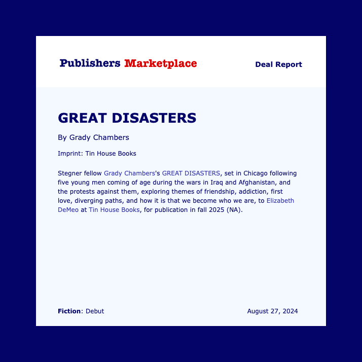 gradychambers87's tweet image. I am...totally elated to share that my novel, GREAT DISASTERS, will be published by @Tin_House, coming Fall 2025 (!!!)
I cannot wait to share this book with you.
If you're interested in updates in the coming year (cover, readings, more!) sign up here:
gradychambers.com/great-disasters💫