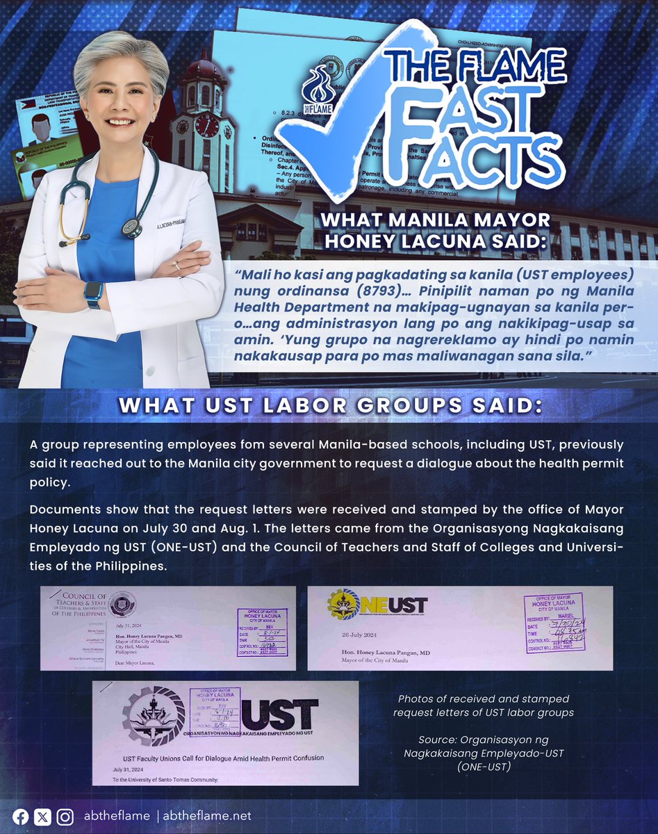 abtheflame's tweet image. MANILA CITY GOVERNMENT REACHED OUT TO LABOR GROUPS?

#FastFacts: Manila Mayor Honey Lacuna claims only the UST administration is in contact with the city government and that her office has been unable to dialogue with groups that have raised concerns over City Ordinance 8793.
