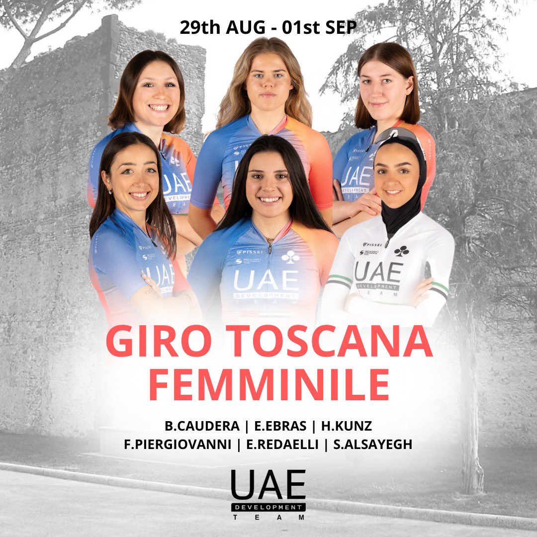 LINE UP 🇦🇪 UAE Development Team x Giro Toscana Femminile

🇮🇹 CAUDERA Beatrice 
🇪🇪 EBRAS Elisabeth
🇩🇪 KUNZ Hannah
🇮🇹 PIERGIOVANNI Federica
🇮🇹 REDAELLI Emma 

and from <a href="/UAETeamADQ/">UAETeam_ADQ</a> 

🇦🇪 ALSAYEGH Safiya

#Believe #WeAreUAE #WeRideToInspire #Womencycling #UAEDevoTeam