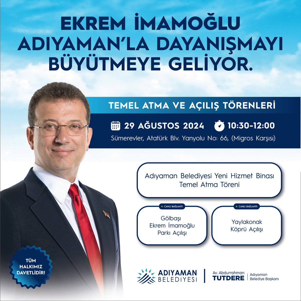 Yarın, İstanbul Büyükşehir Belediye Başkanımız ve Türkiye Belediyeler Birliği Başkanımız Sayın Ekrem İmamoğlu’nun katılımıyla, Belediye Hizmet Binası temel atma töreni ile Gölbaşı Ekrem İmamoğlu Parkı ve Yaylakonak Köprüsü açılışını gerçekleştireceğiz.

🎉 Tüm halkımızı bu