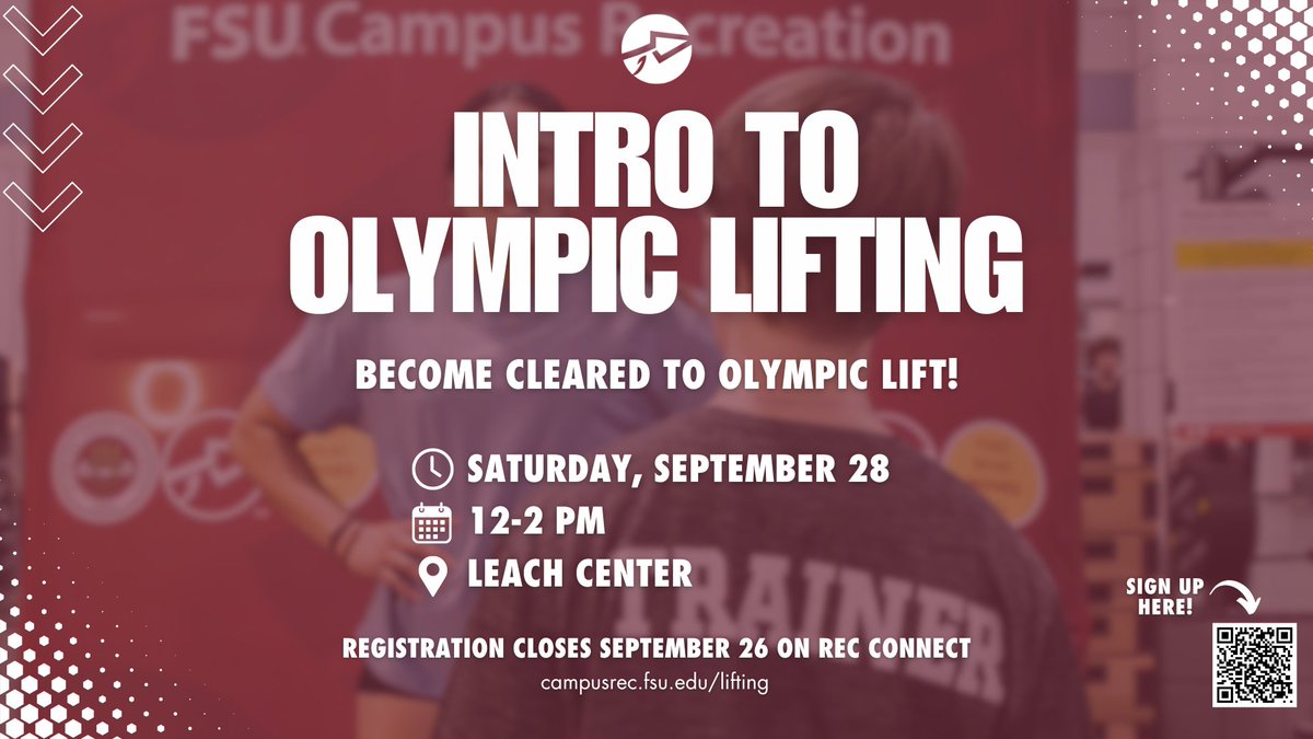 Want to Olympic lift in our facilities and don't quite know where to start? Come out for an Intro to Olympic lifting class on September 28 from 12-2 p.m. Registration is open now at campusrec.fsu.edu/lifting and closes on September 26!
