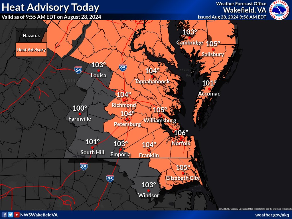 Heat Advisories have been expanded to NE NC. Otherwise, a very hot day today (near record highs) with widespread highs in the mid-upper 90s and heat indices of 100-107F. #vawx #ncwx #mdwx