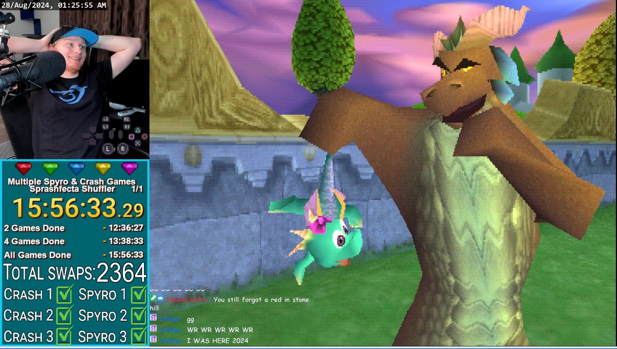 Nearly 16 hours later and 2364 game swaps after. I have completed the Sprashfecta Shuffler and gotten the WR since nobody has been crazy enough to do this in one setting! Thank you to everyone who was helping me stay awake! Now normal gameplay feels weird...