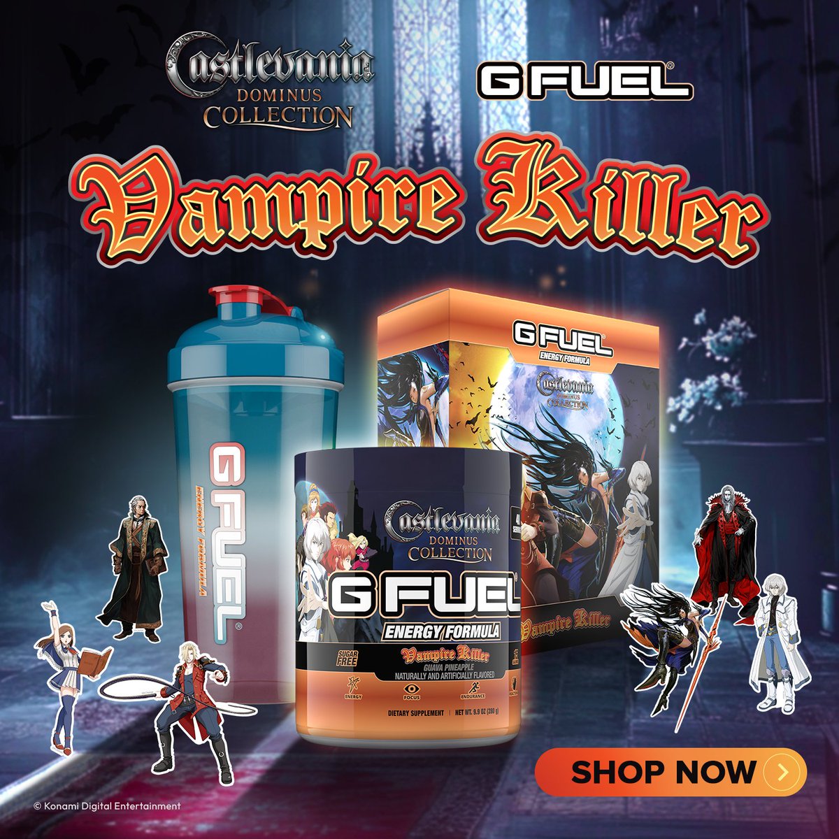 🧛 Join the #Castlevania vampire hunt with our Guava Pineapple-infused #GFUEL "𝐕𝐀𝐌𝐏𝐈𝐑𝐄 𝐊𝐈𝐋𝐋𝐄𝐑" Collection! 🗡 

❤️ 𝐑𝐓 + 𝐅𝐎𝐋𝐋𝐎𝐖 to win a Collector's Box! 2 winners picked this weekend! <a href="/Konami/">Konami</a> 🦇 
 
🛒 𝐒𝐇𝐎𝐏: GFUEL.com/collections/ca…