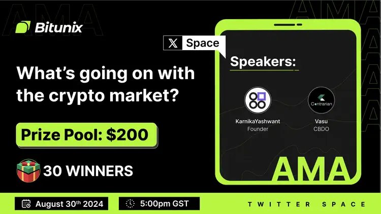 BitunixOfficial's tweet image. Join #Bitunix&apos;s X Space to get insights about the topic &apos;What&apos;s going on with the crypto market?&apos; 

🔸Enter our $200 Giveaway, 30 winners: 

1️⃣ Follow @BitunixOfficial
2️⃣ RT with #BitunixAMA+ Tag 3 Friends 
3⃣ Set Reminder: x.com/i/spaces/1YqKD…
4️⃣ Answer the password after the…