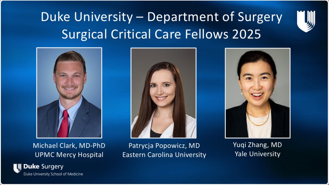 Cory J. Vatsaas (@coryjvatsaas) on Twitter photo Congratulations to our newly matched Surgical Critical Care Fellows joining us in 2025! We are excited for them to join our Duke Trauma, Acute, and Critical Care Surgery Family. <a href="/ioanaAmd/">Ioana Antonescu</a> welcome you to Duke TrACCs.
<a href="/DukeSurgery/">Duke Surgery</a> <a href="/DukeSurgRes/">Duke General Surgery Residency</a> <a href="/DukeTrauma/">Duke Trauma</a> <a href="/ECUSurgery/">ECU Surgery</a> <a href="/YaleSurgery/">Yale Surgery</a> Congratulations to our newly matched Surgical Critical Care Fellows joining us in 2025! We are excited for them to join our Duke Trauma, Acute, and Critical Care Surgery Family. <a href="/ioanaAmd/">Ioana Antonescu</a> welcome you to Duke TrACCs.
<a href="/DukeSurgery/">Duke Surgery</a> <a href="/DukeSurgRes/">Duke General Surgery Residency</a> <a href="/DukeTrauma/">Duke Trauma</a> <a href="/ECUSurgery/">ECU Surgery</a> <a href="/YaleSurgery/">Yale Surgery</a>