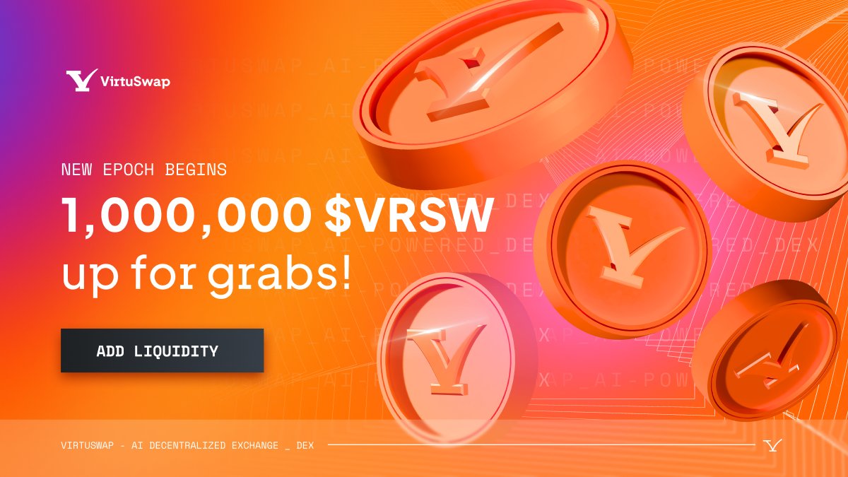 VirtuSwap's tweet image. 1,000,000 $VRSW tokens up for grabs for VirtuSwap liquidity providers in the new epoch! 🔥

Earn boosted APRs on $VRSW staking!

Don't wait — explore the new rewards today! 💪🏻 #AI #DEX