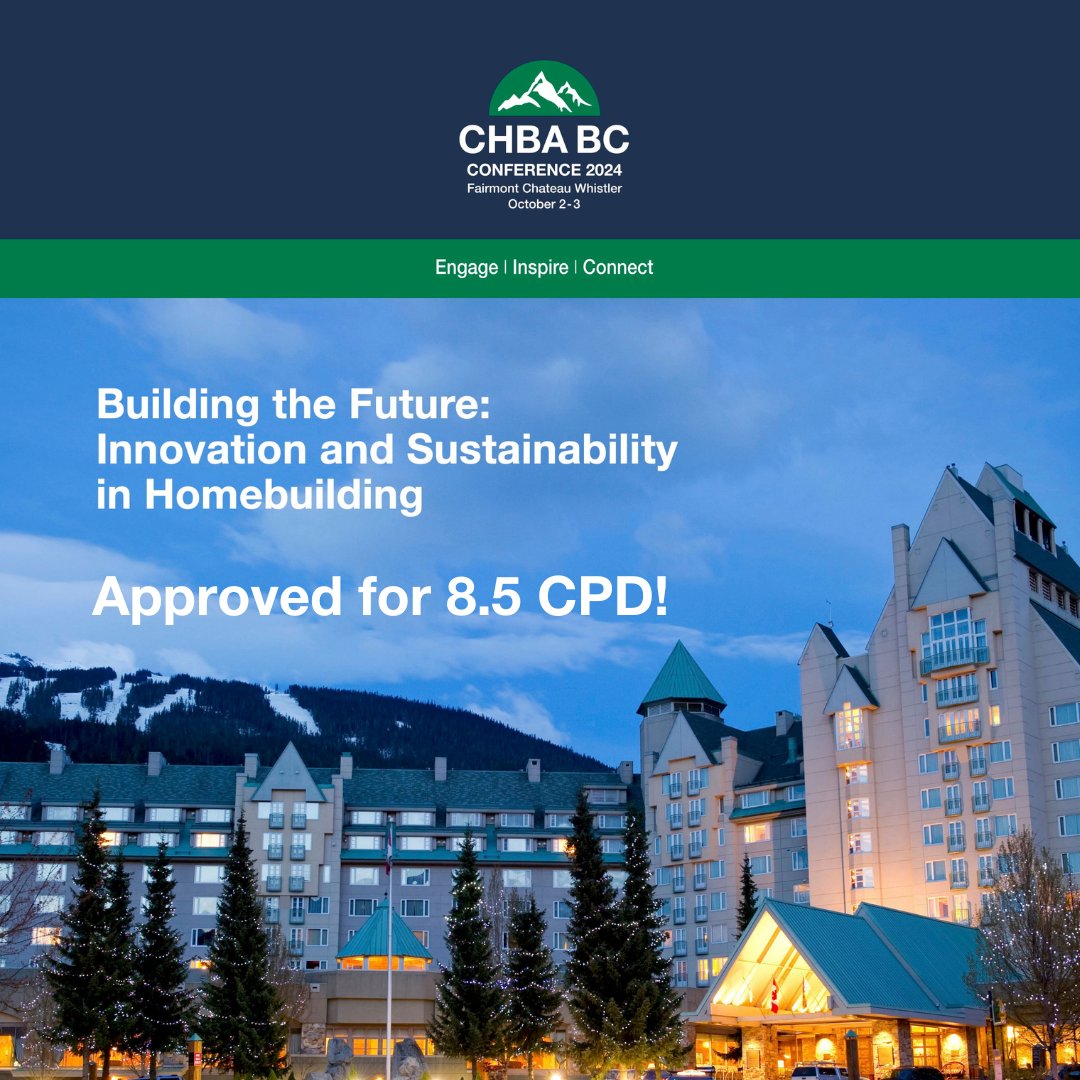 If you needed another reason to register, beyond our amazing line-up of speakers, great entertainment and opportunities to network, CHBA BC's Whistler Conference has been approved for 8.5 CPD.

Join us in Whistler on October 2-3, 2024.

Register here: tinyurl.com/3zz54r9e