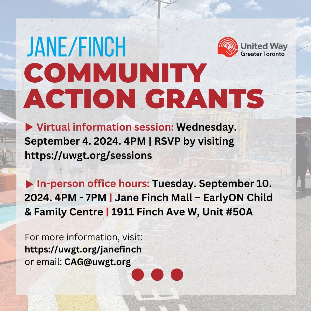 Jane/Finch Community and Family Centre (@jfcfcentre) on Twitter photo We’re excited to announce the launch of the Jane/Finch Community Action Grants (CAG) with <a href="/UWGreaterTO/">United Way Greater Toronto</a>
To learn more, visit:
🔗 uwgt.org/janefinch
or email:
✉️ CAG@uwgt.org
#JaneFinchCAG We’re excited to announce the launch of the Jane/Finch Community Action Grants (CAG) with <a href="/UWGreaterTO/">United Way Greater Toronto</a>
To learn more, visit:
🔗 uwgt.org/janefinch
or email:
✉️ CAG@uwgt.org
#JaneFinchCAG