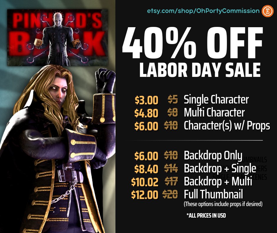 POSTING TO MAIN AND ALT because of how big the promotion is! All of my commissions are 40% off running through September 2nd for US Labor Day!