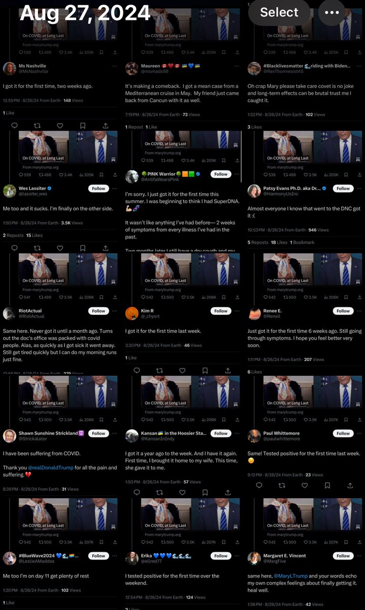 acrossthemersey's tweet photo. As most of you know, Mary Trump also got COVID at the DNC. After a quick scroll through the replies, I made a little collage.
People aren’t doing so well. Some are experiencing symptoms of “not LongCovid” and one even blaming her uncle for 2024 COVID. Denial is our demise. https://t.co/6RL4dbvqR2