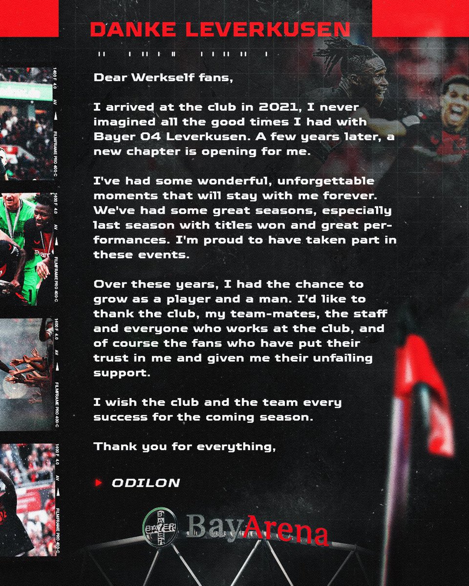 OdilonKossounou's tweet photo. Dear Werkself fans,

I arrived at the club in 2021, I never imagined all the good times I had with @bayerleverkusen. A few years later, a new chapter is opening for me. 
⬇️⬇️ https://t.co/kNMPLoV99l
