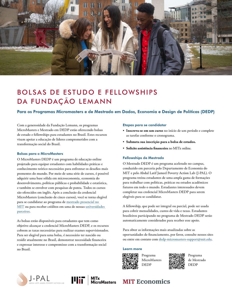 JPAL_LAC's tweet image. 🎓 Bolsas de Estudo #MicroMasters #DEDP: Para quem nasceu ou reside no Brasil, aproveite esta oportunidade de financiamento via Fundação Lemann. O prazo para inscrição é 17 de setembro: forms.gle/eg25pRCUVsWD8T… #BolsasdeEstudo