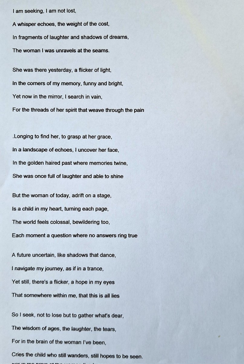 Chris enjoyed occasionally writing poetry. However, after being diagnosed with dementia, that is now gone, leaving a shadow of frustration and longing.
I talked to Chris about her feelings, and together, we wrote this poem. It's Chris's story and means a lot to us
<a href="/DementiaUK/">Dementia UK</a>