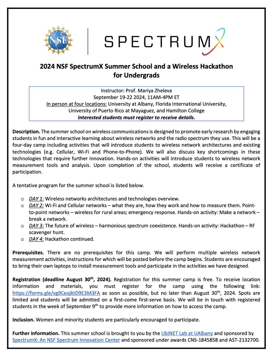 Center for Advanced Radio Sciences and Engineering (@carse_uprm) on Twitter photo Join our 2024 NSF SpectrumX Summer School and Wireless Hackathon for undergrads! Free registration. Sign up by Aug 30 to get location info & materials: forms.gle/vg9CeojktD9E3M…
<a href="/SpectrumXCenter/">SpectrumXCenter</a> <a href="/NSF/">U.S. National Science Foundation</a> Join our 2024 NSF SpectrumX Summer School and Wireless Hackathon for undergrads! Free registration. Sign up by Aug 30 to get location info & materials: forms.gle/vg9CeojktD9E3M…
<a href="/SpectrumXCenter/">SpectrumXCenter</a> <a href="/NSF/">U.S. National Science Foundation</a>