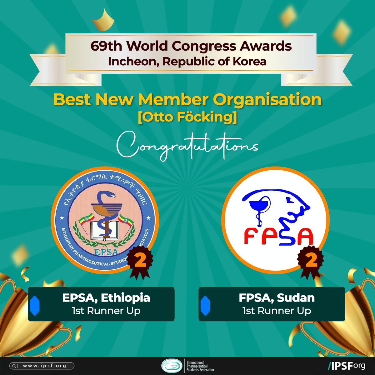 IPSForg's tweet photo. [𝟔𝟗𝐭𝐡 𝐖𝐨𝐫𝐥𝐝 𝐂𝐨𝐧𝐠𝐫𝐞𝐬𝐬 𝐀𝐰𝐚𝐫𝐝𝐬]

Congratulations to the following member organisations for the Otto Föcking awards! 🥳

Winner: BEM FF UNAIR, Indonesia
1st Runner Up: EPSA, Ethiopia &amp; FPSA, Sudan
2nd Runner Up: BDPSC, Brunei Darussalam

#75YearsOfIPSF
#IPSForg https://t.co/7QchxKugjx