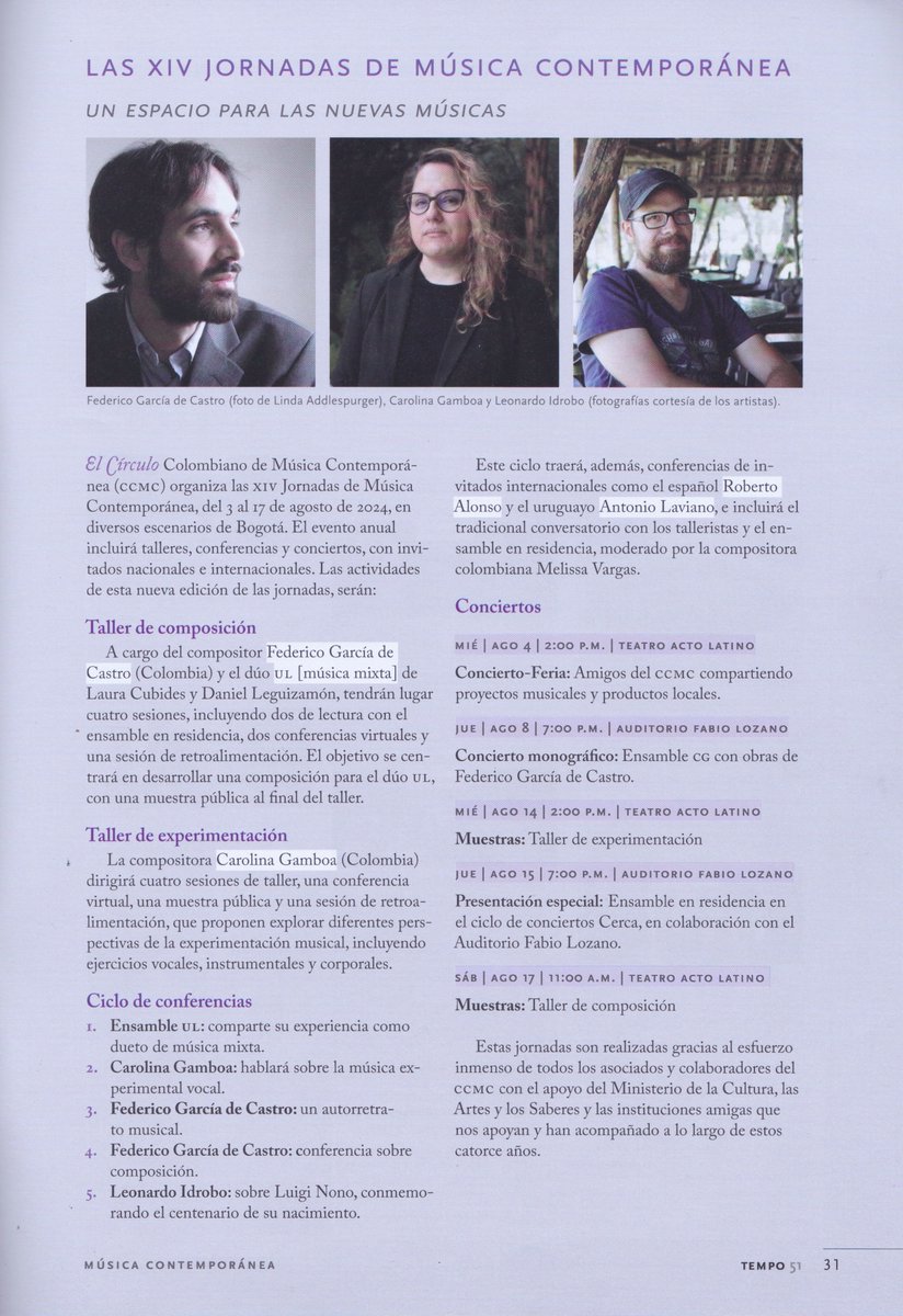 Les invitamos a leer este interesante escrito de Federico García de Castro, director del taller de composición en las JMC 2024.

Gracias a la revista TEMPO por incluir las Jornadas de Música Contemporánea y los proyectos del CCMC en su publicación.

temporevista.com