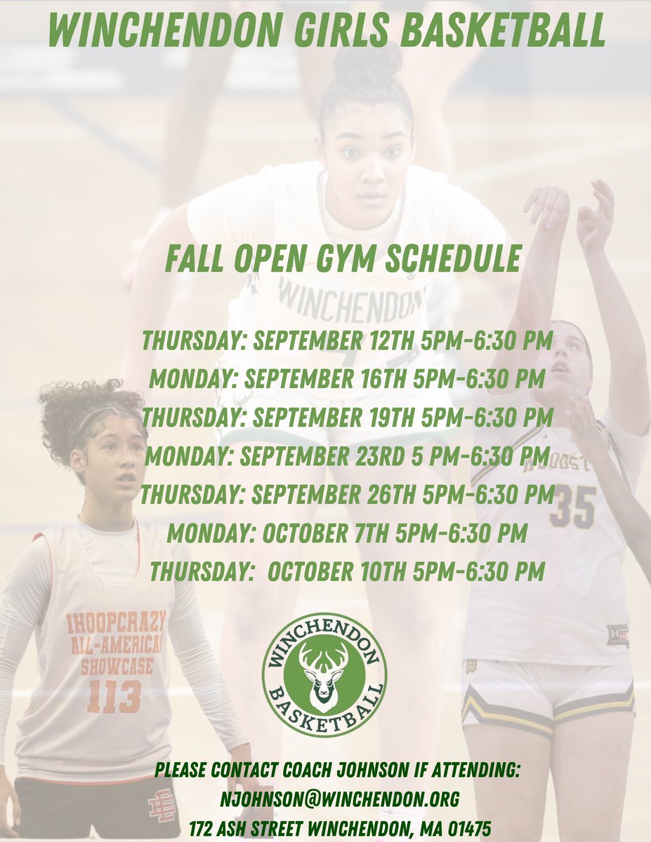 Our Official Fall Open Gym Schedule is Here! 
Coaches We Hope You Can Stop By!  🍂🏀

Please Contact Coach Johnson for more information ✨

Email 📩: njohnson@winchendon.org
Phone📱: 347.229.3134