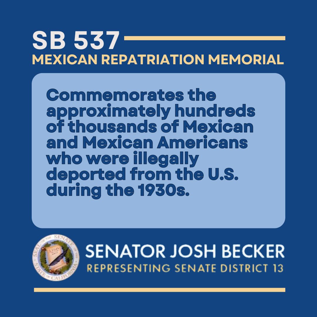 SenJoshBecker's tweet photo. Big news today! My bill jointly authored with @SenGonzalez33 to memorialize the Mexican Repatriation of the 1930s passed the Assembly with a unanimous, bipartisan vote!! #CALeg #SB537 #MexicanRepatriation https://t.co/eF0a6CliNV