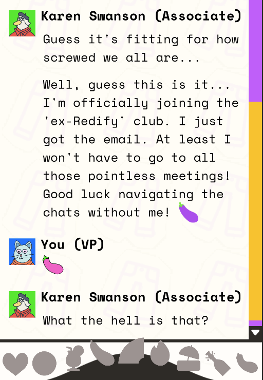 bodevillegames's tweet photo. A small preview of what's to come: An exec makes you a knockoff eggplant emoji with AI and Karen gets laid off...  Who needs therapy from the tech industry when there's #chiefemojiofficer? https://t.co/tDMMgs9Mfq