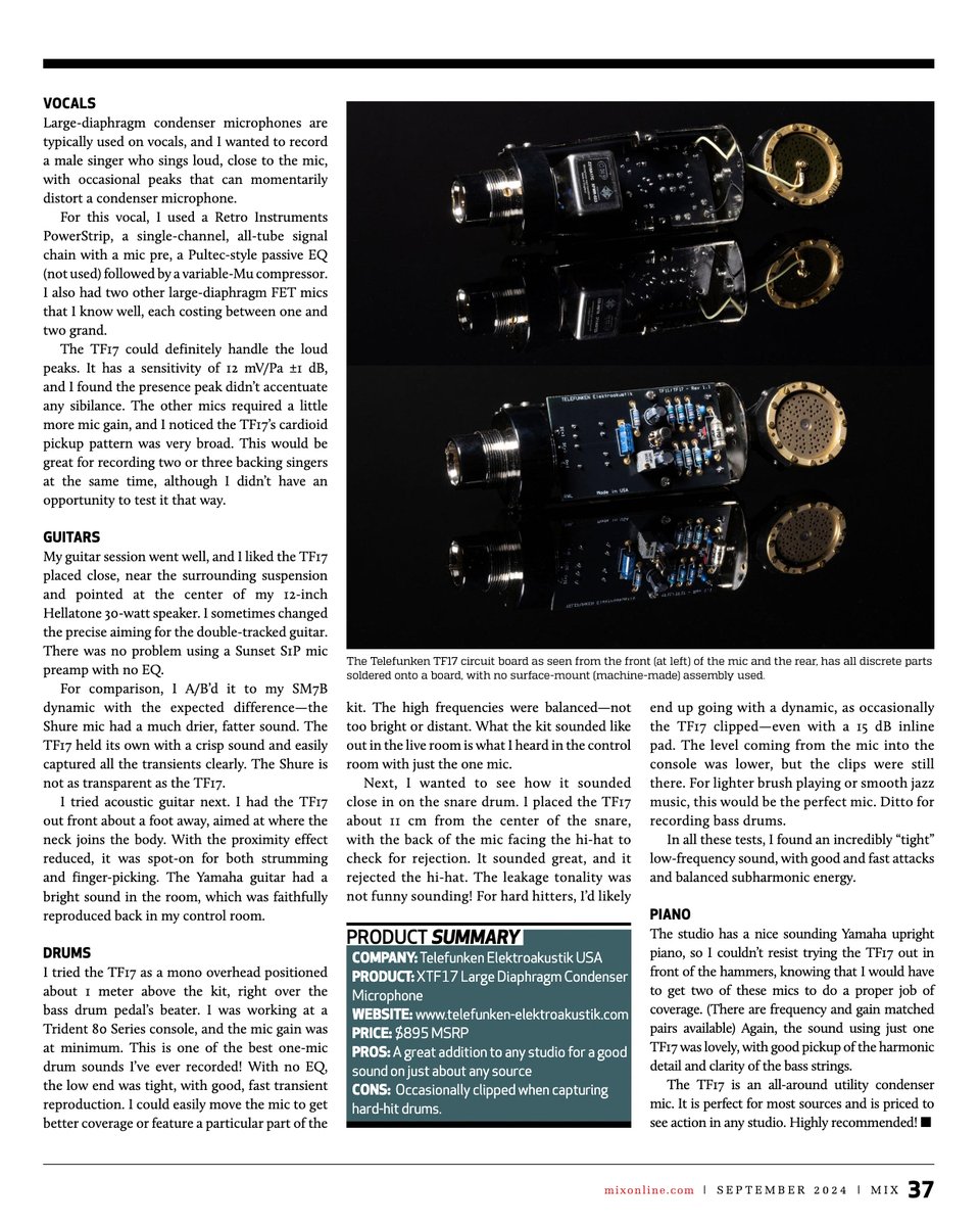 We're extremely proud to see the TF17 receive an outstanding review in @mix_magazine. Recognized for its versatility and precision, the TF17 adds depth and a mid-forward character to any source it captures. #telefunken #telefunkenmics #proaudio