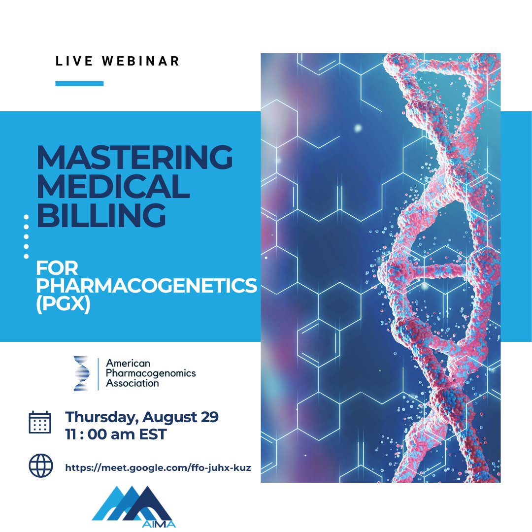 AIMAMedical's tweet photo. Pharmacogenetics is changing medicine, but billing can be a challenge for many.

Join us for an exclusive webinar hosted by AIMA in collaboration with APGxA covers everything from PGx coding fundamentals &amp; insurance coverage.

📅 8/29 🕒 11:00 - 12:00 EST

https://t.co/Zs0ZXKTMEl https://t.co/VHde2aWgea