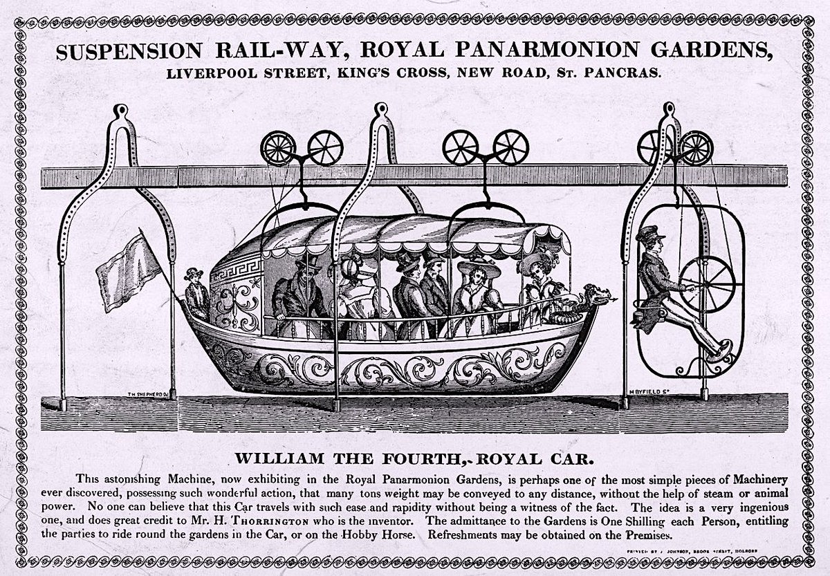 If you ever find yourself in 1830s London, why not treat yourself to an exhilarating ride on Mr H. Thorrington’s famous Suspension Railway? You’ll be AMAZED, you’ll be THRILLED, you'll MARVEL at just how much fun you can have for a single shilling.