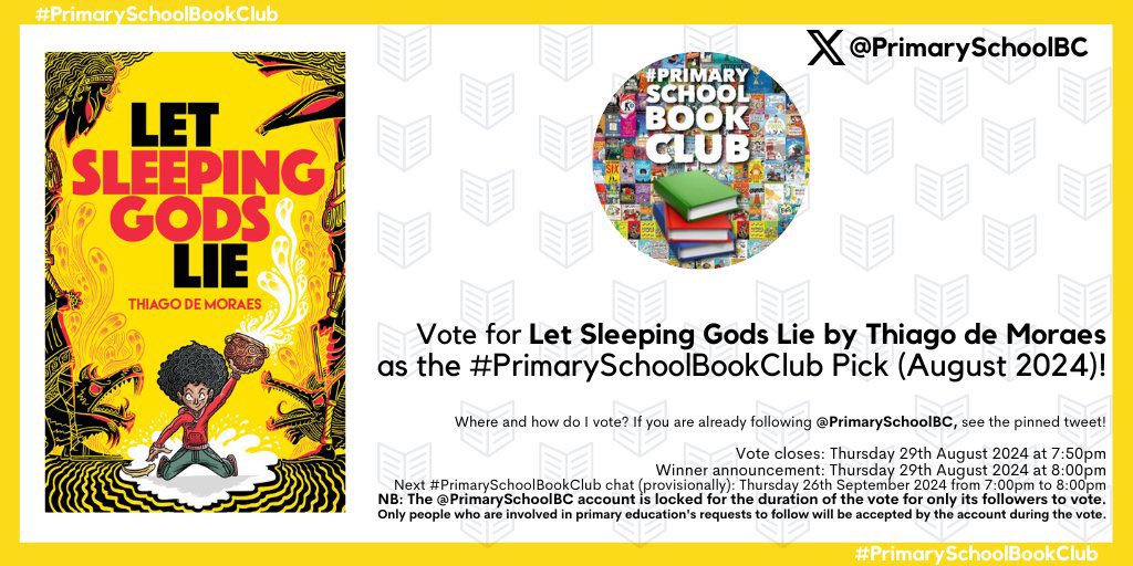 Thiago de Moraes (@tibolota) on Twitter photo I’m chuffed that Let Sleeping Gods Lie has been included in the #PrimarySchoolBookClub August 2024 vote this evening!
It’d be lovely if people voted for it. Just go to <a href="/PrimarySchoolBC/">#PrimarySchoolBookClub</a> and vote using the pinned tweet! I’m chuffed that Let Sleeping Gods Lie has been included in the #PrimarySchoolBookClub August 2024 vote this evening!
It’d be lovely if people voted for it. Just go to <a href="/PrimarySchoolBC/">#PrimarySchoolBookClub</a> and vote using the pinned tweet!