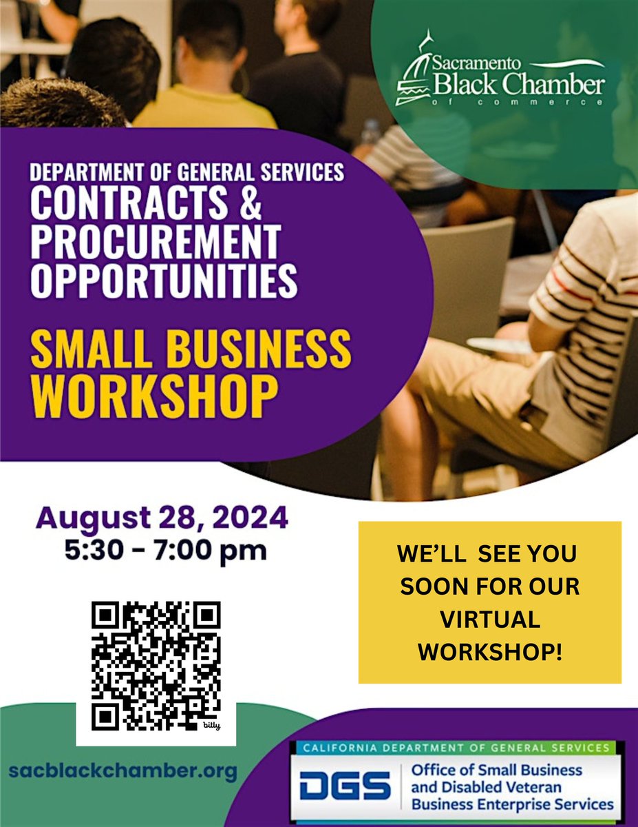 We'll see you tonight at 5:30PM for our virtual workshop: DGS Contracts &amp; Procurement Opportunities!  Don't have the zoom link? Scan the QR code below!