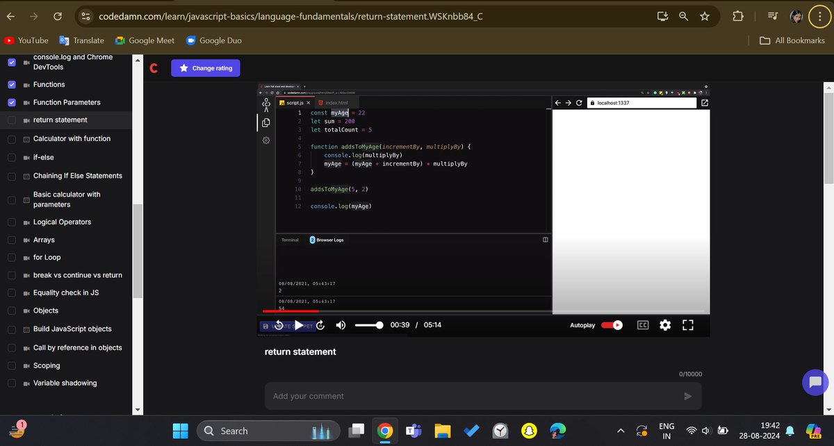 Swetaa_14's tweet image. 🚀 Day 11 of learning full-stack web development!
Today, I dove deeper into JavaScript, focusing on functions, parameters, return statements, if-else, chaining if-else statements, logical operators, arrays, etc. The more I learn, the more powerful JavaScript becomes! 
#codedamn