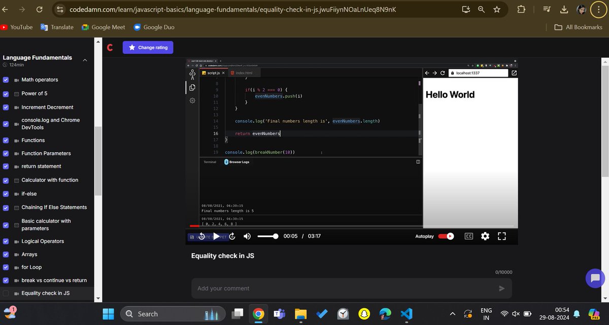 Swetaa_14's tweet image. 🚀 Day 11 of learning full-stack web development!
Today, I dove deeper into JavaScript, focusing on functions, parameters, return statements, if-else, chaining if-else statements, logical operators, arrays, etc. The more I learn, the more powerful JavaScript becomes! 
#codedamn