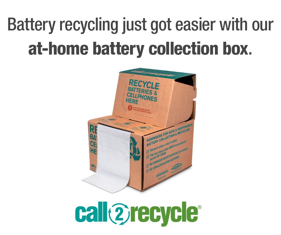 Call2Recycle_VT's tweet photo. Want to save yourself a car trip? At-home battery recycling is simple with #Call2Recycle’s at-home collection kit!

1) Order a battery recycling kit with pre-paid shipping
2) Fill it up
3) Drop it off with UPS

Order a battery recycling kit today 🔋📦: https://t.co/Rdaoq2V3mW https://t.co/CDmKaZs7IX