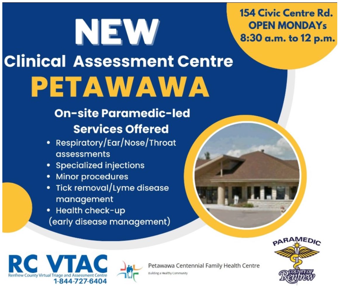 Renfrew County Virtual Triage & Assessment Centre (@rcvtac) on Twitter photo RCVTAC is happy to announce that starting on Sept. 9 there will be a new Clinical Assessment Centre opening in <a href="/TownofPetawawa/">Town of Petawawa</a> . This Paramedic-Led clinic will run every Monday: 8:30 a.m. to 12 p.m. To book an appt call 1-844-727-6444 For more info: rcvtac.ca RCVTAC is happy to announce that starting on Sept. 9 there will be a new Clinical Assessment Centre opening in <a href="/TownofPetawawa/">Town of Petawawa</a> . This Paramedic-Led clinic will run every Monday: 8:30 a.m. to 12 p.m. To book an appt call 1-844-727-6444 For more info: rcvtac.ca
