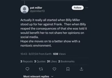 This is from Pat Miller, Billy Miller’s mother. Very telling about Kelly Monaco and Frank Valentine’s relationship and how he running and ruining this sinking ship. Please put this on your X  feed. 
#firefrank

Please sign this  PETITION. 
chng.it/tCnWYfkrfJ