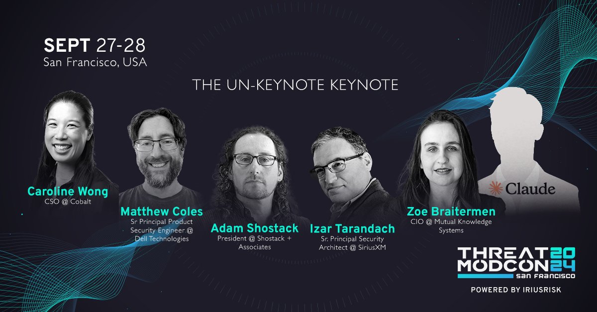 TMConnectHQ's tweet photo. Get ready for an unexpected keynote at #ThreatModCon 2024 San Francisco! 💥 Join Caroline Wong, Matthew Coles, @izar_t, @adamshostack, Zoe Braiterman, and a special guest as they tackle the hottest threat modeling topics LIVE! 👉 Get your ticket now: https://t.co/ozXNNHuf25 https://t.co/dl1J5uo3WK