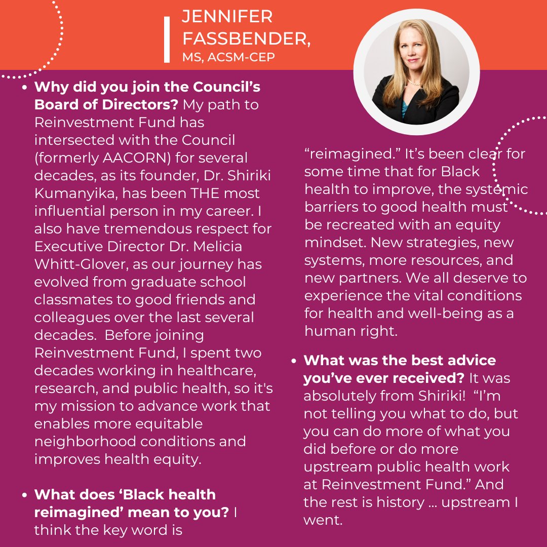 ⭐ Board Member Spotlight: Jennifer Fassbender ⭐

@jenfassbender's passion for our work and her expertise in data-driven solutions have been vital to our mission. 🤩 Thank you, Jennifer, for all that you do! 👏🏾🤩👏

#ReimaginingBlackHealth #BoardDiversity  #WeAreBlackHealth