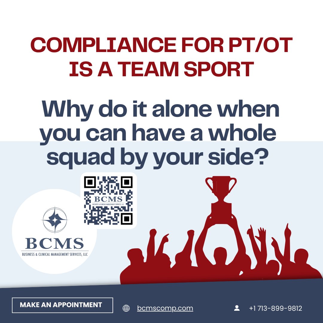 Business & Clinical Management Services, LLC (@bcmscomp) on Twitter photo Get the support you deserve; have the BCMS team behind you and your PT/OT clinics!
Call us if you need help with your compliance and regulation needs and paperwork.
Business & Clinical Management Services
📲 (713) 899-9812
✉️ nevinsa@bcmscomp.com
🌐bcmscomp.com Get the support you deserve; have the BCMS team behind you and your PT/OT clinics!
Call us if you need help with your compliance and regulation needs and paperwork.
Business & Clinical Management Services
📲 (713) 899-9812
✉️ nevinsa@bcmscomp.com
🌐bcmscomp.com