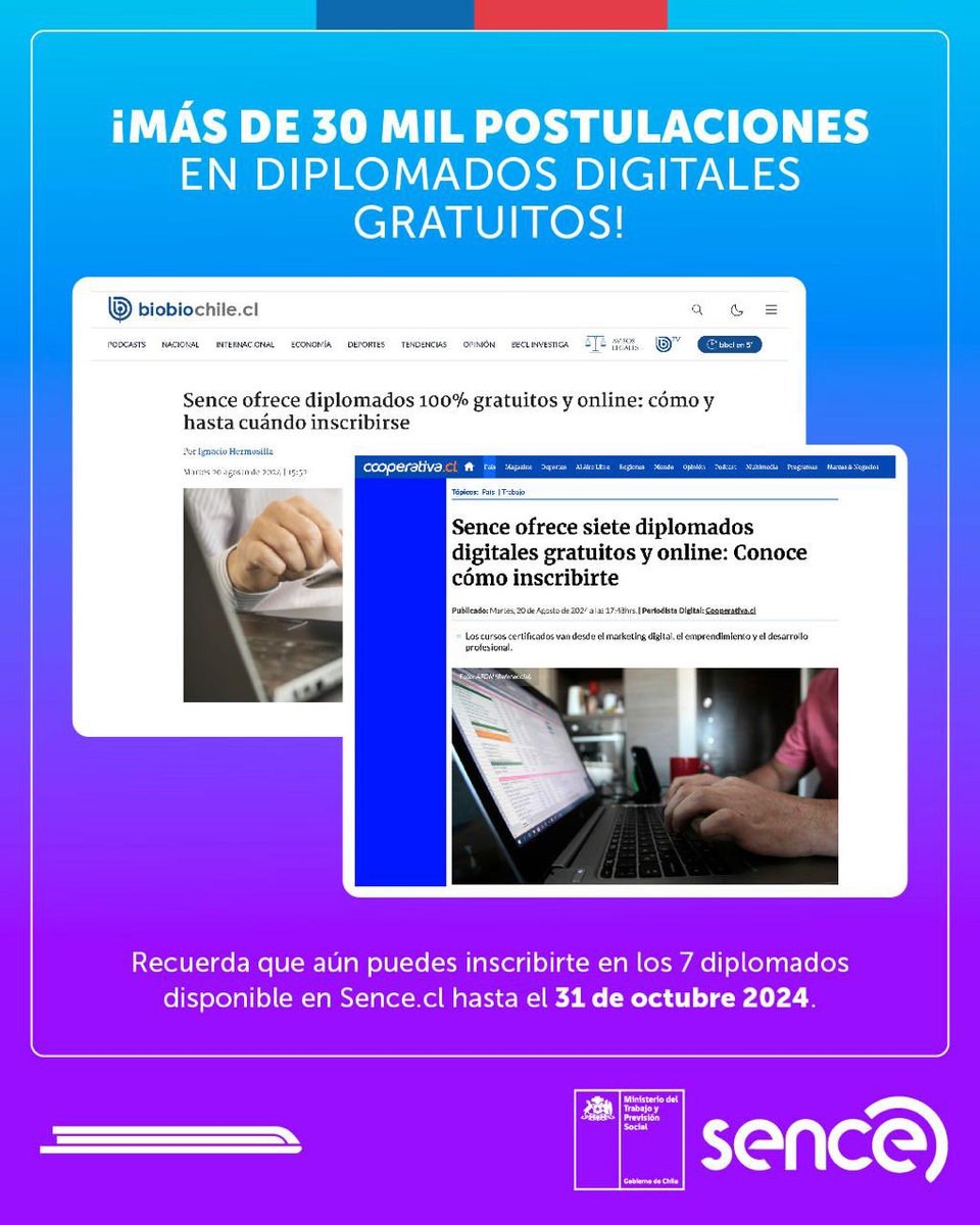 🎓 ¡Más de 30 mil postulaciones en nuestros Diplomados Digitales Gratuitos! 🚀

Aún estás a tiempo de unirte a uno de los 7 diplomados disponibles. Inscríbete antes del 31 de octubre 2024 en Sence.cl y da un impulso a tu carrera. ¡No dejes pasar esta oportunidad!