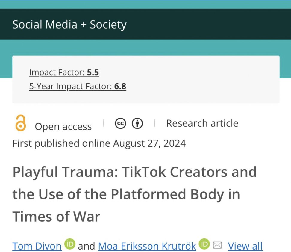 Tom Divon | ุชูู
ุฏูููู | ืชืื ืืืืื (@tomdivon) on Twitter photo ๐ข๐ข๐ขPhD publication! after 1.5 years of ethnographic exploration of Ukrainian creators on TikTok, I'm thrilled to share our OA work with my brilliant friend <a href="/moaerikssonkrut/">Moa Eriksson Krutrรถk</a> on PLAYFUL TRAUMA in times of war and adversity ๐บ๐ฆ๐; pls join me in unpacking๐งต journals.sagepub.com/doi/10.1177/20โฆ ๐ข๐ข๐ขPhD publication! after 1.5 years of ethnographic exploration of Ukrainian creators on TikTok, I'm thrilled to share our OA work with my brilliant friend <a href="/moaerikssonkrut/">Moa Eriksson Krutrรถk</a> on PLAYFUL TRAUMA in times of war and adversity ๐บ๐ฆ๐; pls join me in unpacking๐งต journals.sagepub.com/doi/10.1177/20โฆ